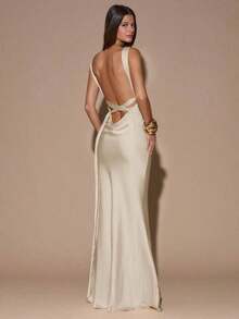dfgSHEIN  Vestido de tirantes con escote en V profundo y espalda descubierta, de unicolor amarillo/crema, de estilo minimalista y sexy, adecuado para fiestas, cócteles, ocasiones formales, dama de honor, cumpleaños, Navidad y casual de negociosafd KGKB - Albaricoque - Ver 8