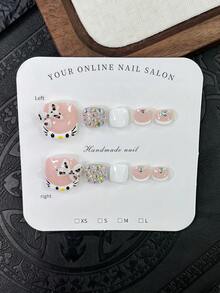 一套10片闪亮方形美甲贴片，粉色手工美甲贴片，多功能手工3D豹纹蝴蝶结和可爱小猫美甲贴片，手绘白色法式美甲贴片，可爱美甲贴片，闪亮水钻点缀，手工美甲贴片，优雅性感风格，适合女性宴会场合，适合女性和女孩，派对、婚礼、日常佩戴，包含工具包。手工美甲贴片。夏季美甲贴片。短款美甲贴片。美甲用品 - 彩色 - 查看 11