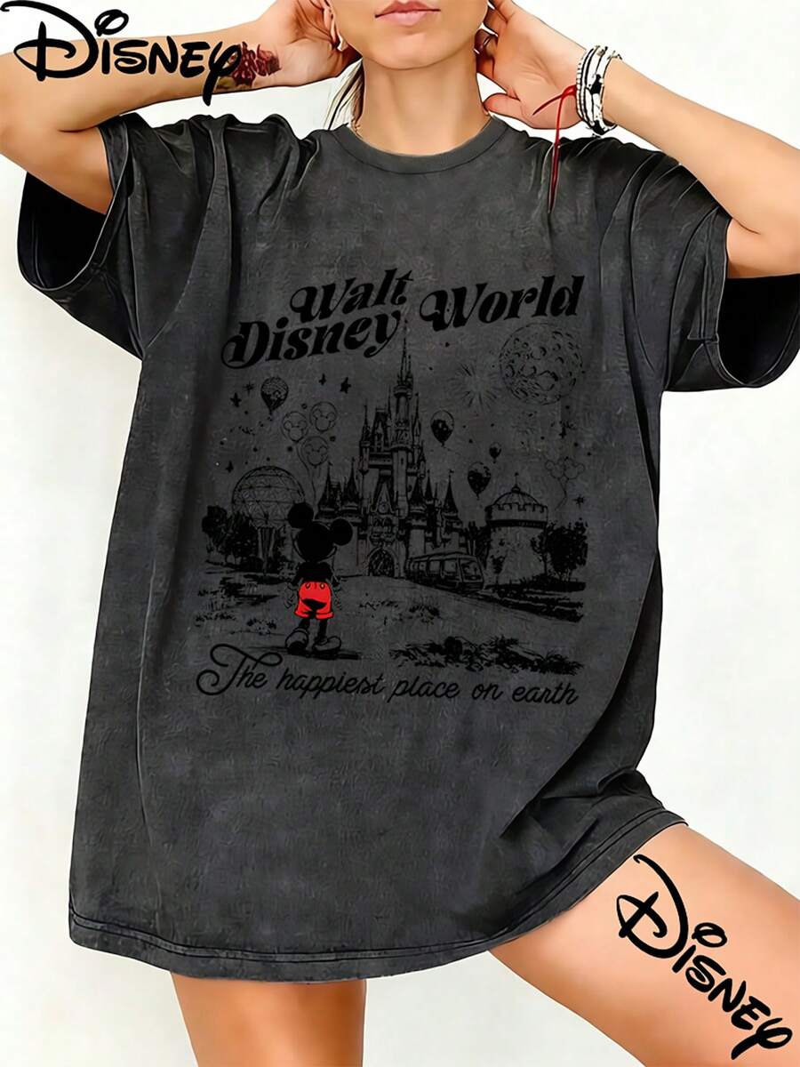Disney Walt Disney World Back View Mickey Vintage Sketch Graphic Washed Unisex TShirt, 100% Cotton Oversized Vintage Short Sleeve Tee, Happiest Place On Earth Themed Casual Top - màu đen - Xem 1