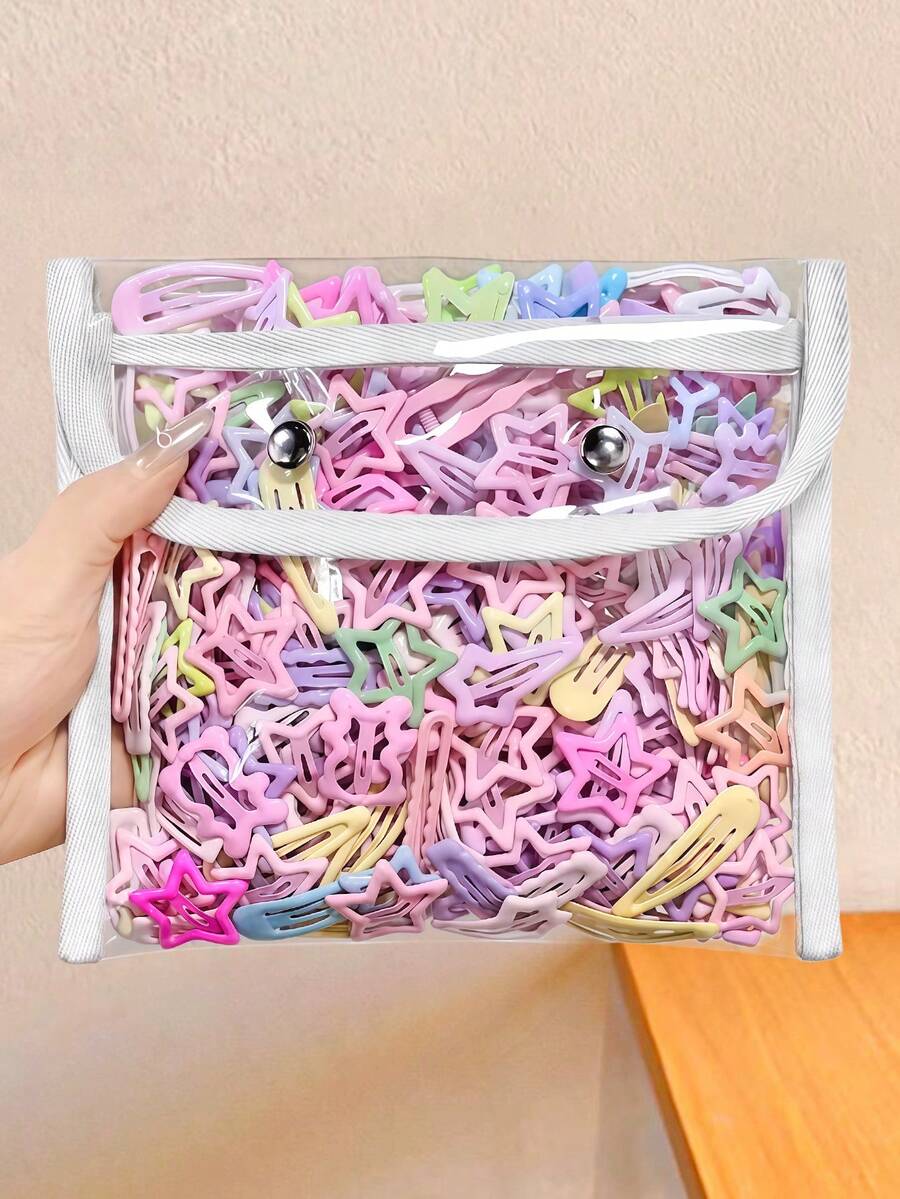 10/20/40/80pcs/Set Macaron Color Star Hollow Hair Clips Combo, Featuring Star, Hollow, Waterdrop And Other Shapes In Pink, Purple, Blue, Green, Yellow Macaron Colors, Cute And Versatile, Suitable For Daily, Vacation, School, Graduation, Date For Girls And Women, Random Color,Hair Claws - Multicolor - View 1