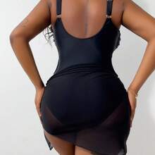 Plus Size Women's One-Piece Swimsuit With Ruffles + Mesh Skirt - 藍色 - 查看 3