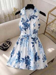 Vestido de cuello halter de impresión floral elegante de verano - Multicolor 4 - Ver 3