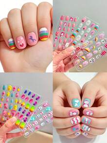 (192片，8包)兒童用一次性全覆蓋壓克力假指甲附膠水，可愛春夏風菠蘿、花朵、獨角獸、企鵝、火烈鳥、彩虹、愛心造型短款穿戴甲套組 - 彩色 - 查看 5