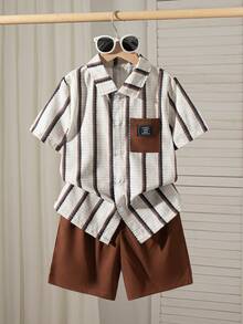 2pcs/Set Boys Casual Striped Print Pattern Decorated Patch Short Sleeve Top And Solid Color Faux Drawstring Shorts, Spring/Summer - Brown - View 1