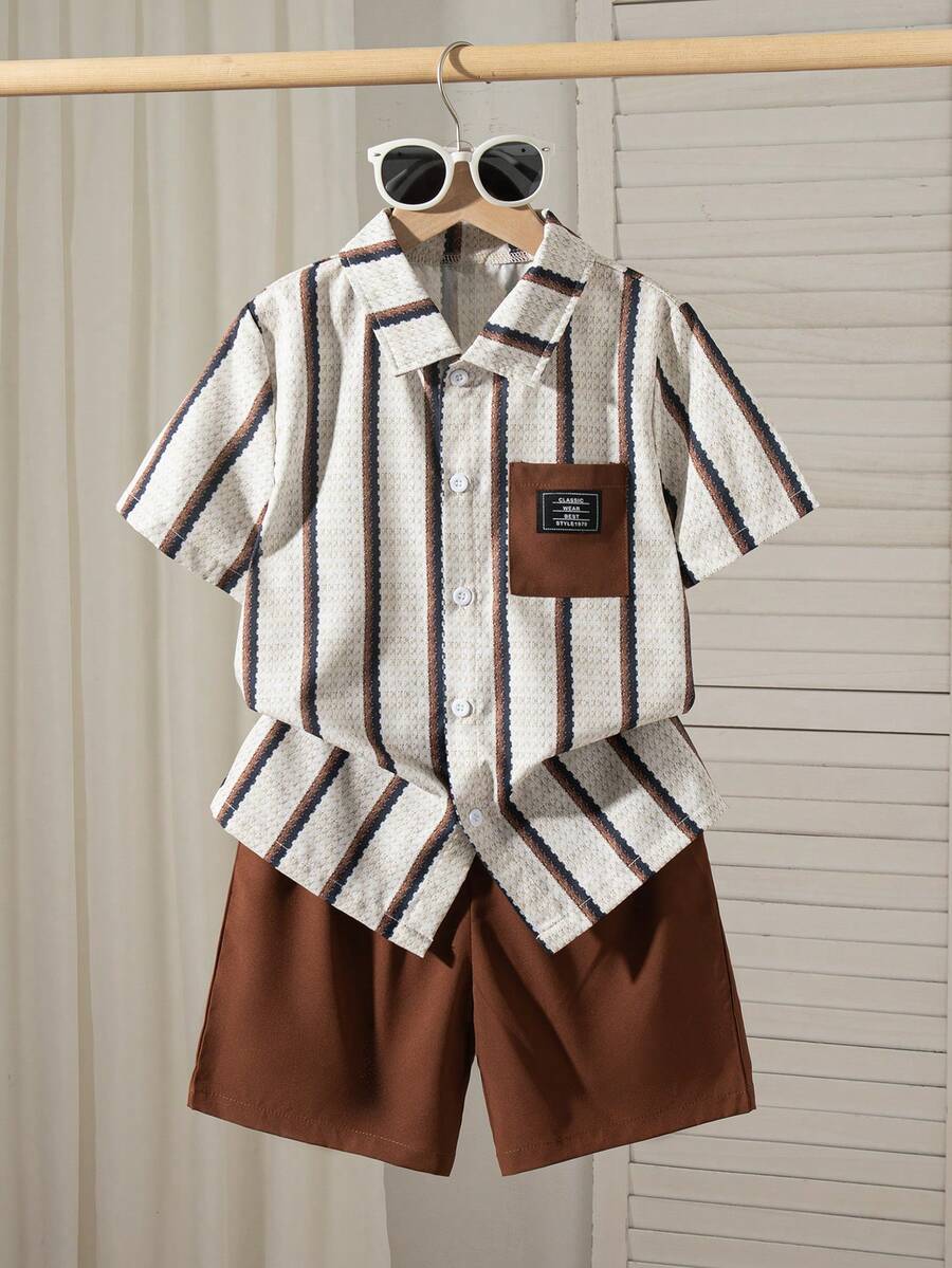 2pcs/Set Boys Casual Striped Print Pattern Decorated Patch Short Sleeve Top And Solid Color Faux Drawstring Shorts, Spring/Summer - Brown - View 1