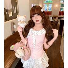 Women Long Dresses - Two-piece Set: Patchwork Short-sleeved Shirt + Polka Dot Skirt - View 7