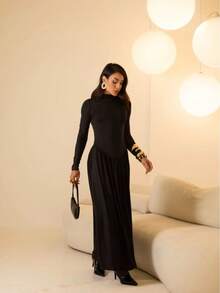 Long-Sleeved Maxi Dress In Stretchy And Comfortable Fabric. - 黑色 - 查看 4
