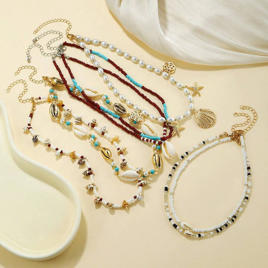 Collar de conchas con cuentas de colores variados, estilo de moda de vacaciones de verano con temática oceánica - 2 - Ver 1