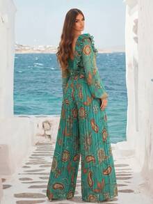 Faeriesty Elegant And Charming Women's Long Chiffon Dress With Zipper Detail And Ruffle V-Neck, Perfect For Parties Wedding Party - Green - View 2