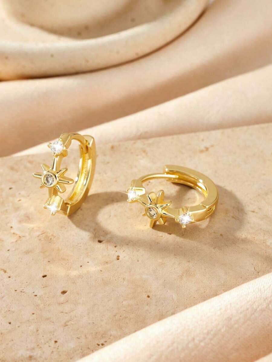 1 Pair Elegant Copper Micro-Inlaid Star Round Hoop Earrings, Minimalist Versatile Daily Wear & Gift For Women - Multicolor - View 1
