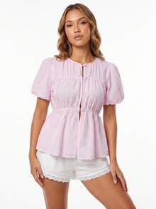 Womens Summer Tops Puff Short Sleeve Crew Neck Striped Print Fashion Button Down Blouses - Pink - View 4