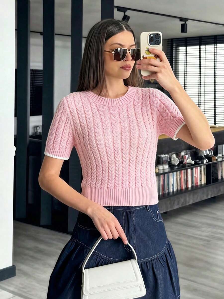Elegant Crew Neck Cable Knit Short Sleeve Sweater Top Pink Spring - Pink - View 1