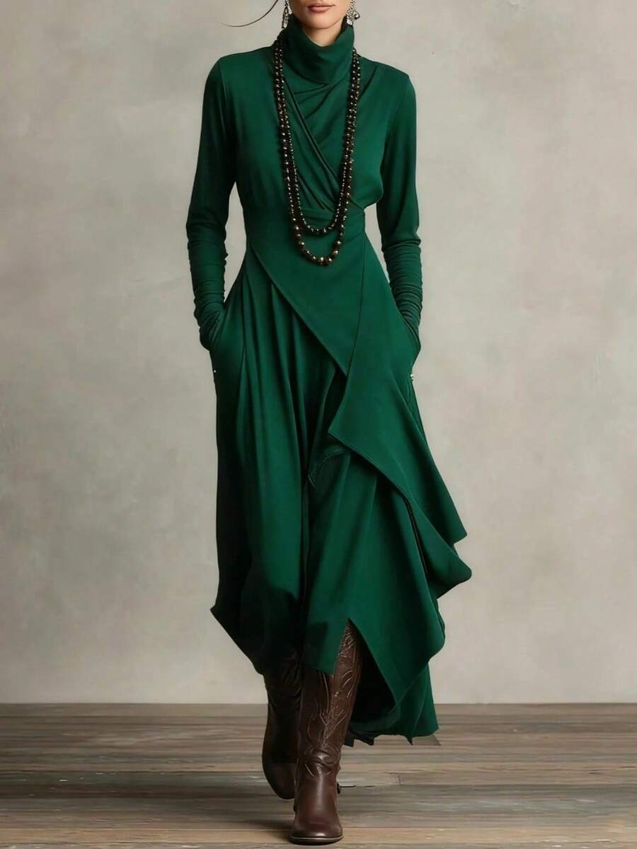 Vestido verde de mujer de manga larga y corte en A con bajo asimétrico con volantes, ideal para fiestas y ocasiones de otoño. - Verde - Ver 1