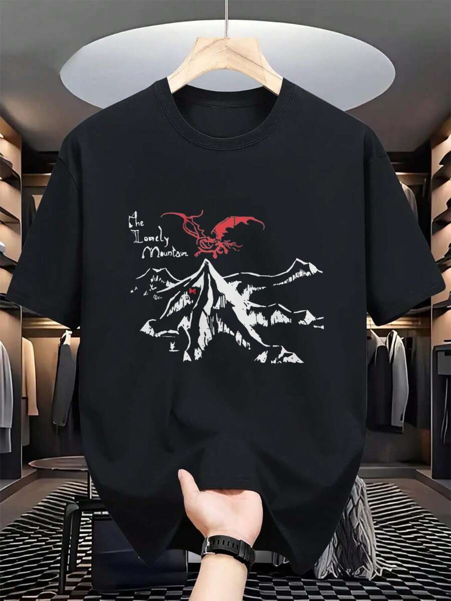 Camiseta Masculina The L Lords com Estampa de Dragão Vermelho da Montanha - 100% Algodão, Corte Solto, Casual, Respirável, Conforto para Todas as Estações, Lavável à Máquina, Estilo Esportivo para Verão e Atividades ao Ar Livre, Ajuste Confortável, Manga Curta, Camiseta Durável. - Preto - Ver 1