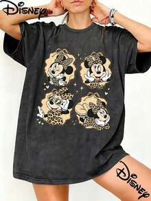 Disney Leopard Print Minnie Mouse Four Panel Graphic Washed T?Shirt For Women, 100% Cotton Oversized Vintage Short Sleeve Tee, Coquette Retro Disney Themed Casual Top Unisex T?Shirt - Black - View 1