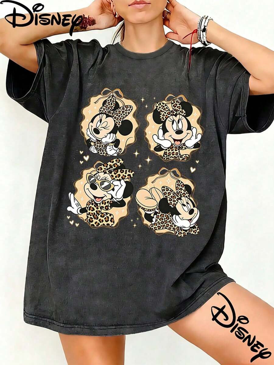Disney Leopard Print Minnie Mouse Four Panel Graphic Washed T?Shirt For Women, 100% Cotton Oversized Vintage Short Sleeve Tee, Coquette Retro Disney Themed Casual Top Unisex T?Shirt - Black - View 1