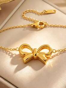 1pc Elegant Minimalist Stainless Steel Chain Bracelet With Bowknot Design And Glass Decor, Suitable For Women's Daily Wear, Work Commute Or Vacation - Yellow Gold - View 9