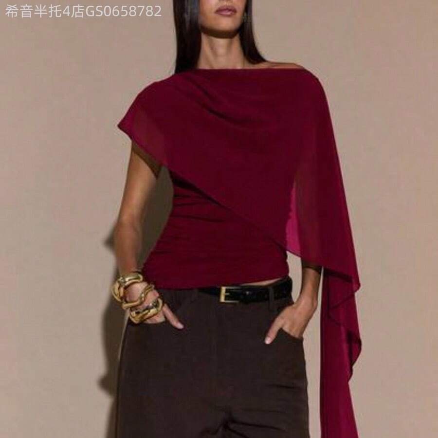 Fengyu Women's Clothing Store Blusa de punto con cuello anudado y hombro asimétrico, suéter elegante y ajustado, otoño/invierno - Burdeos - Ver 1