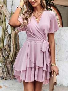 Vestido con cinturón de manga mariposa bajo a capas - Pearl White - Ver 10