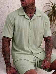 Men's Casual Ribbed Short-Sleeve Button-Down & Shorts Resort Set - Olive Green - View 3