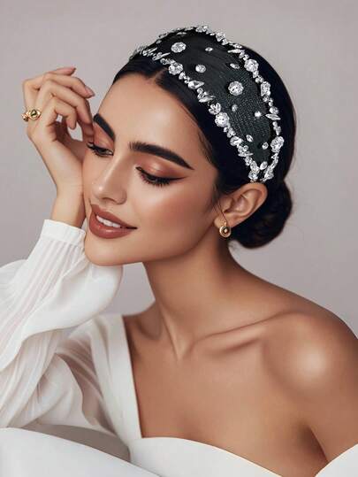 1pc Minimalist Black Mesh Rhinestone Headband, Hollow Wide-Brim Headpiece Suitable For Bride, Wedding, Festival, Party, Casual, Outdoor, Gathering, School, Women