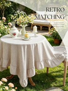 1pc Tablecloth With Ruffled Hem Decor, Polyester Fabric, Light Brown Plaid Pattern, Rectangular Or Square, Suitable For Dining Room And Living Room Table Decor - Light Coffee - View 8