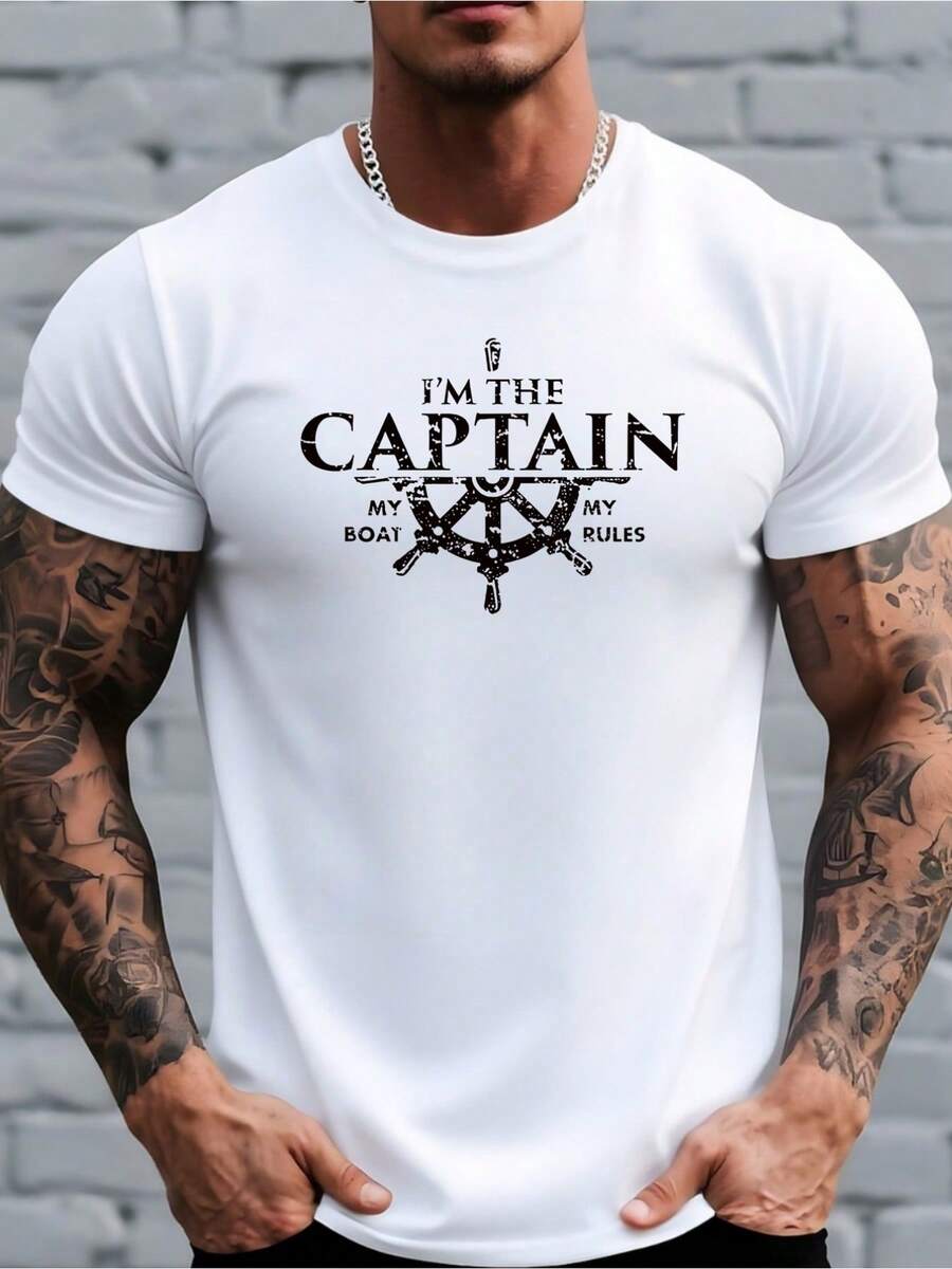 Men's T-Shirt With Nautical Print "I Am The Captain", Sailboat Hull Design, Fun Print With Sailor Slogan, Breathable, Round Neck, Short Sleeve, Casual Summer Style. - 白色 - 查看 1