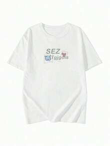 Basic T-Shirts For Women, Oversized T-Shirts, Casual T-Shirts For Women, Funny T-Shirt, Limited Time Offer, Women's Short Sleeve T-Shirt, Japanese Style, Round Neck, Loose Fit, Casual, Versatile, Cartoon Print, White, Spring/Summer. 7N4N - 白色 - 查看 4