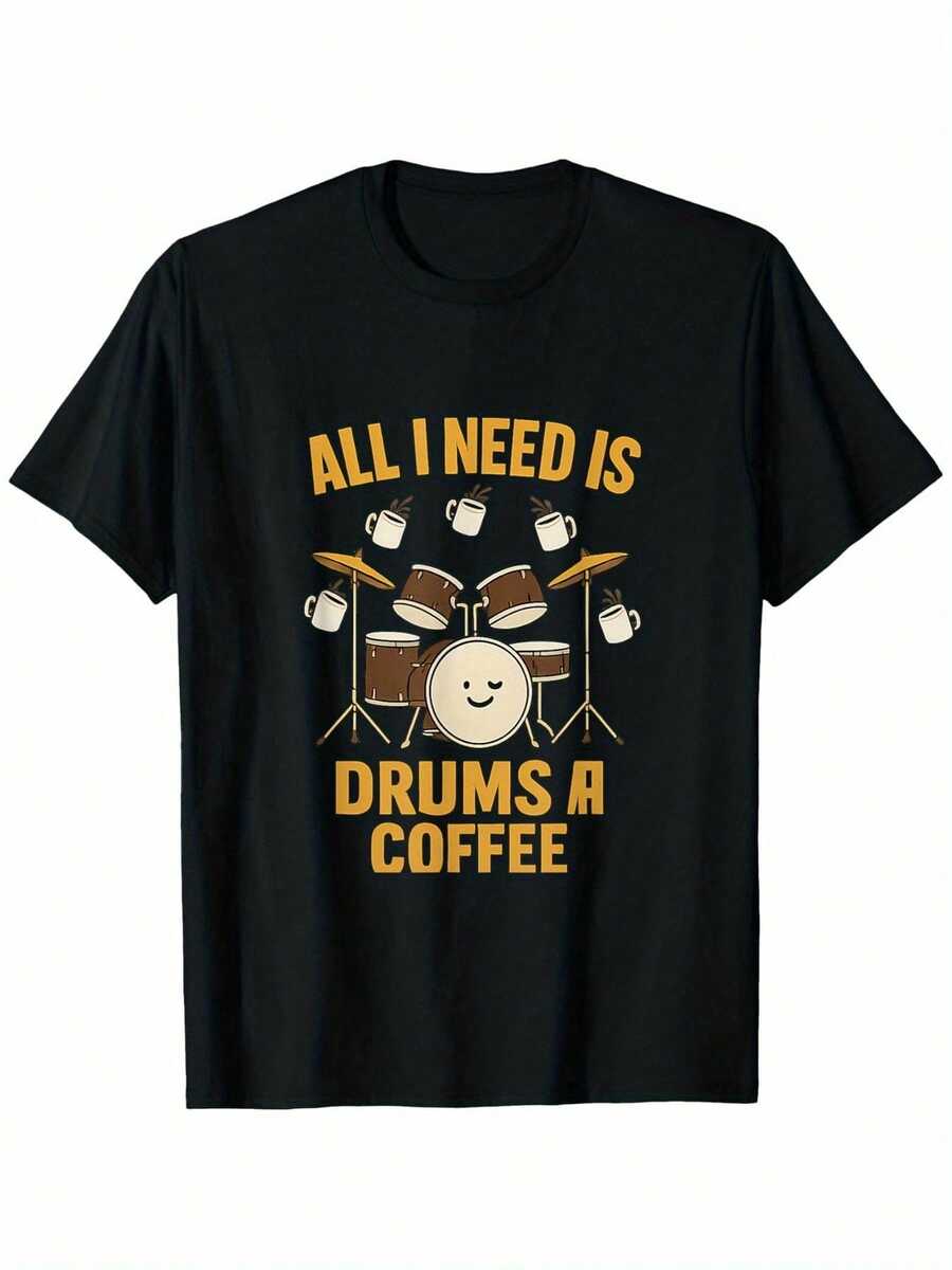 Funny Plus-Size Black Drummer's T-Shirt - Bold Yellow Text "ALL I NEED IS" With Cartoon Drum Kit And Coffee Mug Design. | Perfect Funny T-Shirt For Coffee Lovers And Musicians | Ideal Gift For Drum Enthusiasts, Just One Piece Of Clothing. Matching Parent-Child Sets: Stylish Designs. - 黑色 - 查看 1