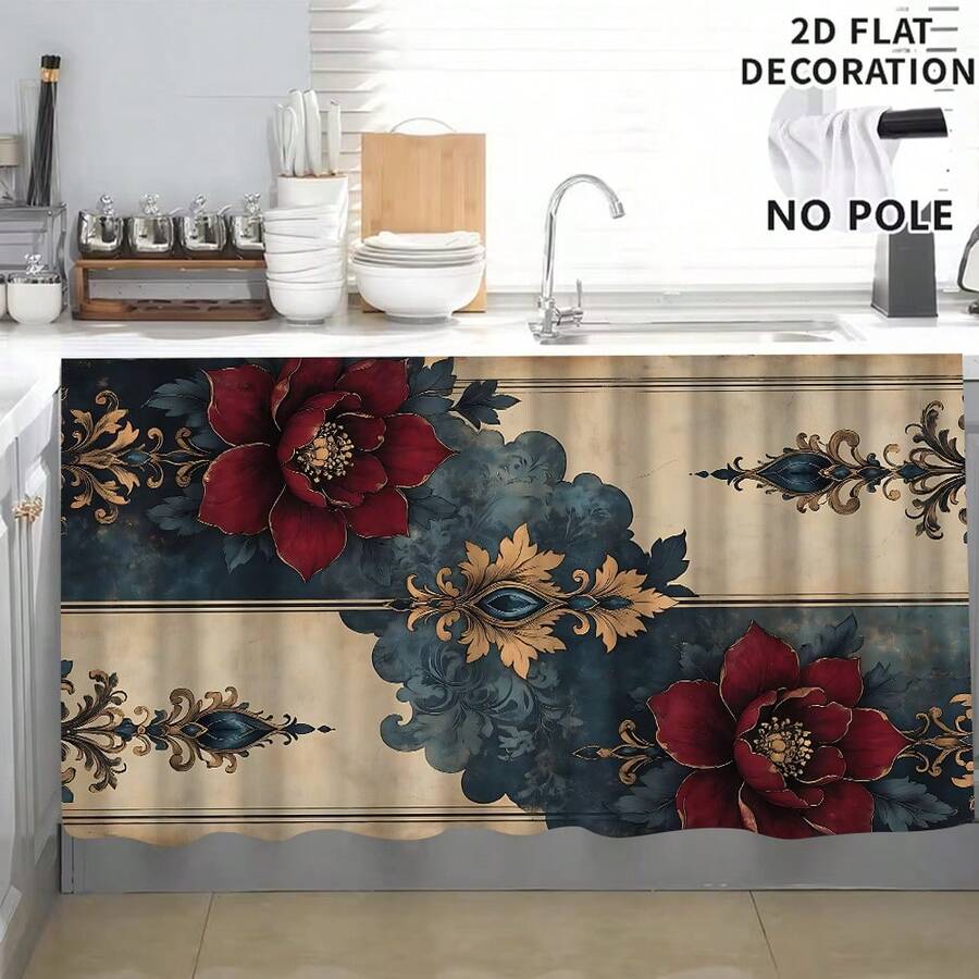 1pc, Home Decor, Vintage Floral Pattern Printed Table Skirt, Kitchen Small Curtain, Kitchen Cabinet Cover, With Curtain Holes, Easy To Hang, Rectangular, Machine Woven, Machine Washable, Kitchen Decoration And Accessories, Perfect For Kitchen Cabinets And Home Decor - Multicolor - View 1