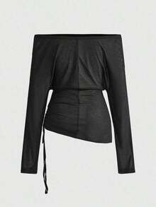 Avant Blusa transparente de manga larga con hombros descubiertos, estampado de letra cruzada, estilo retro Y2K, romántico y punk para mujer - Negro - Ver 4