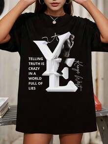 Era Telling Truth Is Crazy Quote Graphic Oversized Black T-Shirt - Black - View 6