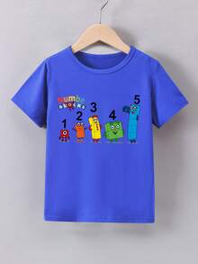 Boys' Short-Sleeved Summer T-Shirt With "Cartoon Block Number Figure" Print - Blue - View 6