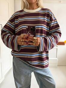 SDNGED 女款時尚休閒條紋長袖T恤，對比羅紋設計，春/秋季新品 - 藍棕色寬條 - 查看 2