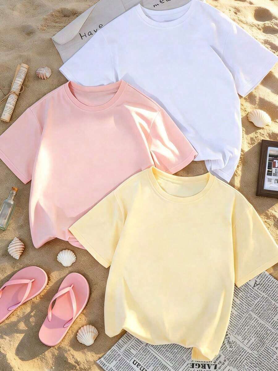 Set Of 3 Minimalist And Casual Summer Short-Sleeved Crew Neck T-Shirts, Versatile And Fashionable Tops For Women - 粉紅色,黃色和米白色. - 查看 1