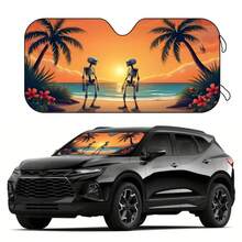 1 Piece Of Sunset Beach Double Skull Tropical Coconut Tree Themed Sunshade, Foldable Car Windshield Sunshade, Made Of Car Sunshade Material, An In-Car Cooling Tool That Effectively Reduces Direct Sunlight And Heat Buildup, Durable Sunshade Suitable - Multicolor - View 2