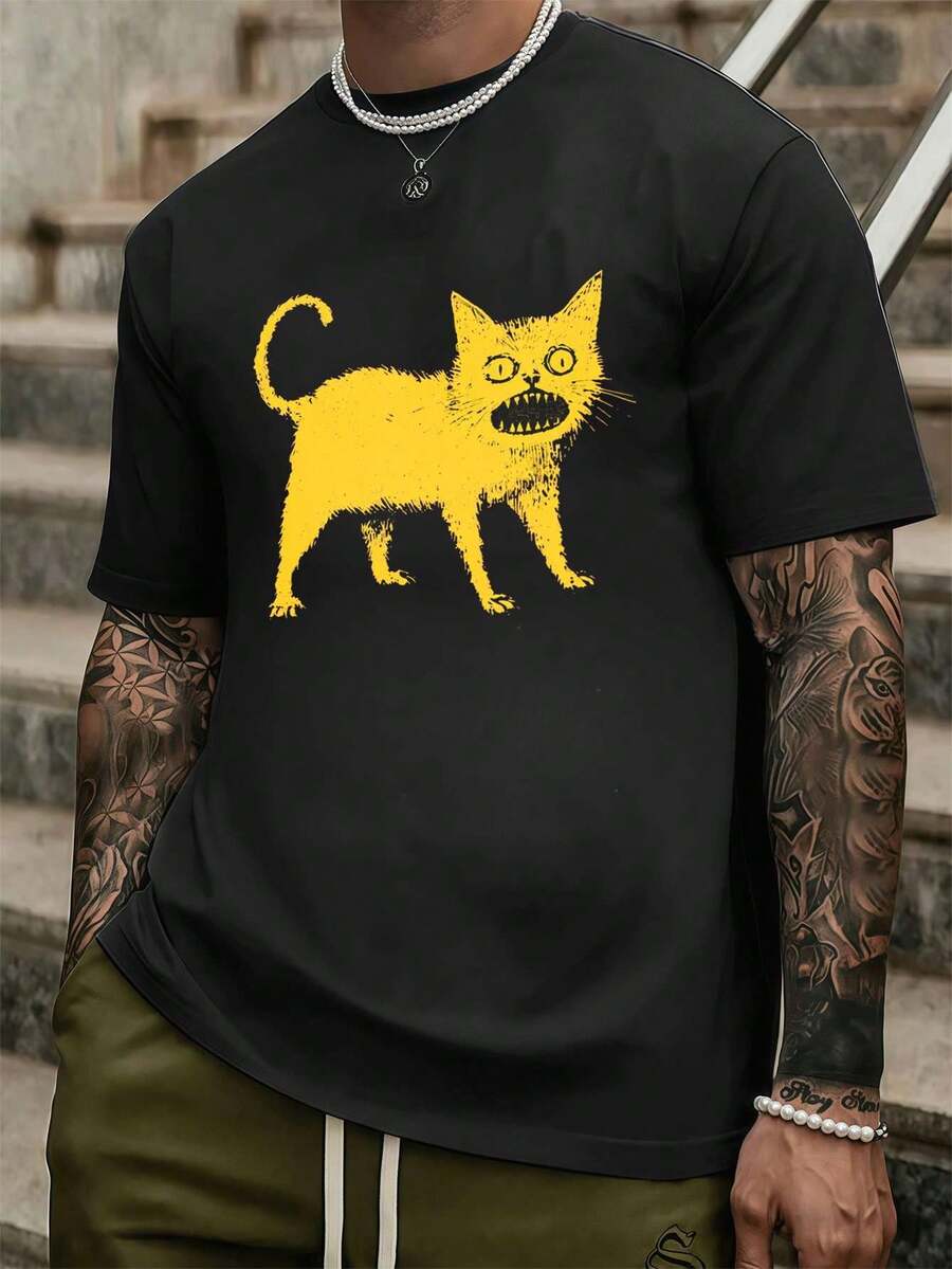 T-shirt streetwear pour ho mme avec imprimé chat graphique, 100% coton, col rond, coupe décontractée, imprimé artistique. - Noir - Voir 1