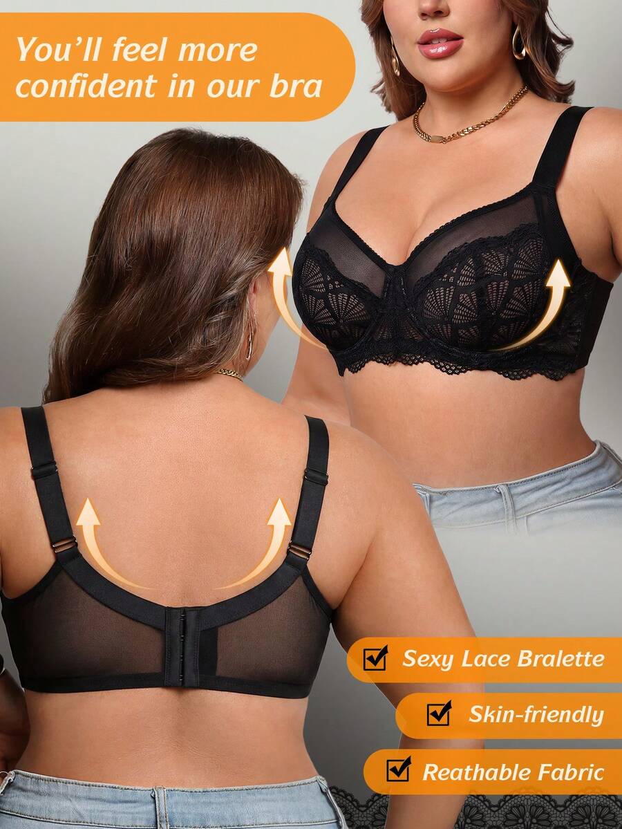 Plus Size Women's Sheer Lace Underwire Bra - Comfortable & Breathable, Full Support, Adjustable Straps - Black - View 1