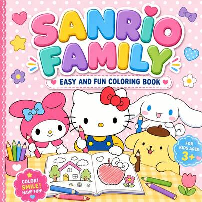 GDTME SANRIO 三丽鸥家族：1本简易三丽鸥家族涂色书，适合成人和青少年，可爱舒适，采用120克厚纸，共24页。内页包含多个热门三丽鸥角色的线条画。