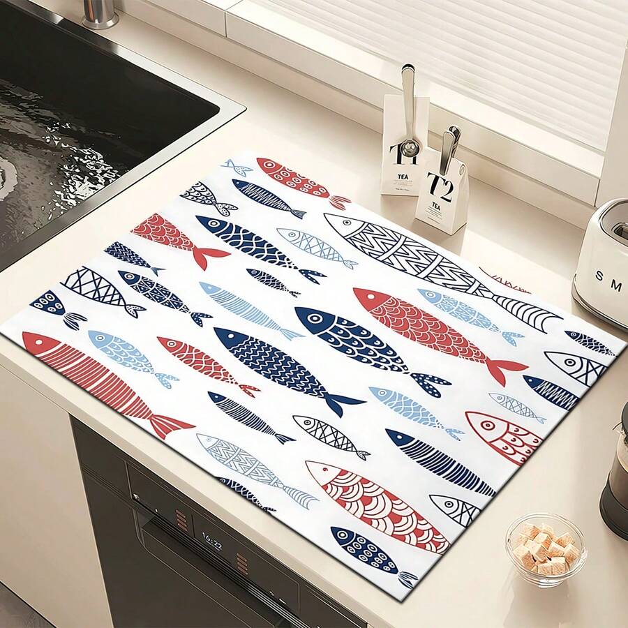 1pc Fish Pattern Printed Absorbent Dish Drying Mat, Home Decor, Dish Drying Pad, Espresso Machine Countertop Absorbent Mat, Sink Drain Mat, Soft Faucet Absorbent Mat, Sink Cup Mat, Kitchen & Bathroom Accessories - Multicolor - View 1