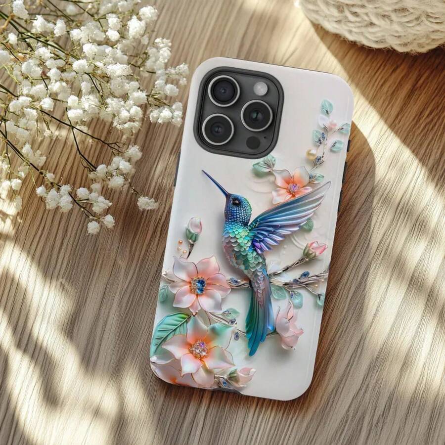 Envio em 24 horas da Alemanha. Capa para celular Apple 17 16e 15 com estampa floral de beija-flor, ideal para amantes de pássaros e com design de flores em tons pastel. 23 24 25 26 - textura fosca - Ver 1