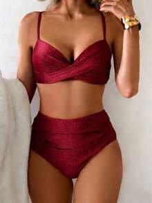 Conjunto de bikini de estilo bohemio elegante y sexy de unicolor con tirantes finos, traje de baño de dos piezas dulce para vacaciones en la playa - Burdeos - Ver 1