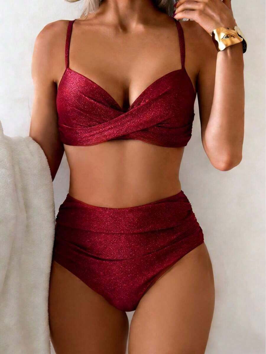 Conjunto de bikini de estilo bohemio elegante y sexy de unicolor con tirantes finos, traje de baño de dos piezas dulce para vacaciones en la playa - Burdeos - Ver 1