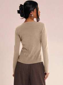 Top de cuello redondo de manga larga tejido, casual, para vacaciones, aeropuerto, días festivos, otoño, regreso a la escuela, elegante, primavera, verano - Rosa - Ver 9