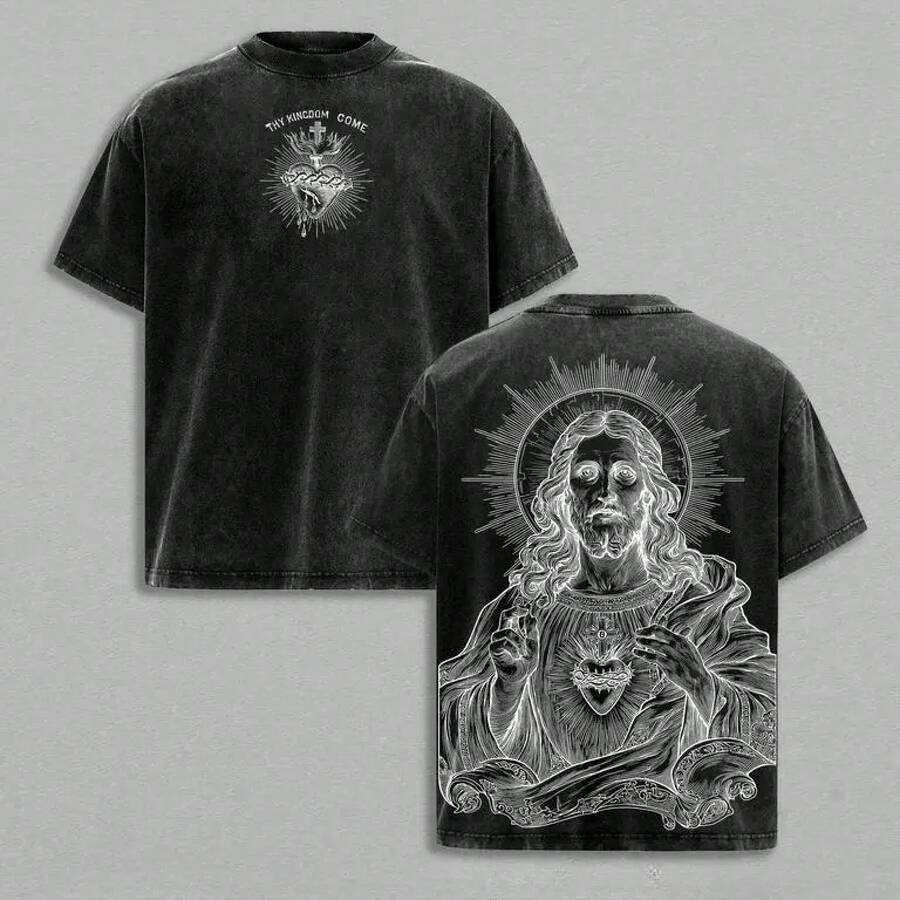 Nueva camiseta retro de tela gruesa y cómoda con efecto lavado, camisetas de San Valentín, camiseta/sudadera/hoodie de Jesús Sagrado, camiseta vintage lavada de corte holgado. |   Camiseta de Algodón Grueso Christian Streetwear |   Que Venga Tu Reino Delante y Arte de Jesús Detrás |   Conjunto Navideño Inspirado en la Fe: El mejor regalo para amigos - Negro - Ver 1
