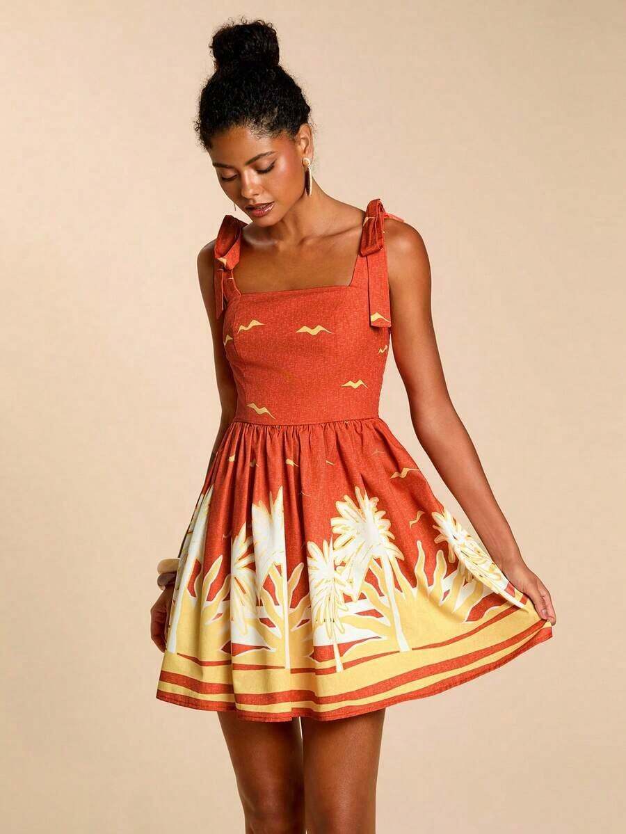 xheTravachic Vestido de verano de mujer con cuello cuadrado, sin mangas, con cintura ajustada y lazo delantero, en estampado floral. Conjunto de vacaciones para mujer, atuendos para vacaciones, atuendos de playa, conjuntos de verano para mujer, vestidos de verano para mujer, vestidos para mujer, vestido de veranoxhe - Multicolor 9 - Ver 1