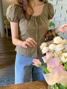 2016 Blusa de manga corta ceñida con cinturón y mangas abullonadas, color rosa, tops lindos para primavera/verano - Verde militar - Ver 3