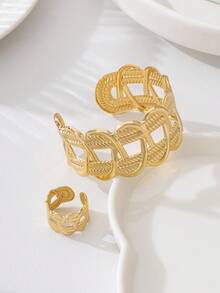 1 Set Fashion Exaggerated Creative Geometric Hollow Floral Adjustable Bangle + Ring Jewelry Set, Suitable For Versatile Daily Wear - Yellow Gold - View 5