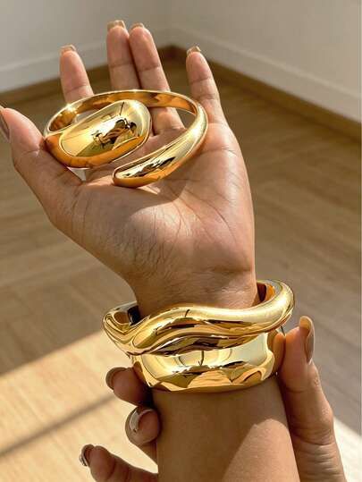3pcs/Set Fashionable Minimalist Elegant Vintage Geometric Ribbon Water Drop Asymmetrical Textured CCB Metal Exaggerated Wide Bangle Bracelet Set, Suitable For Holiday, Party, Date, Gift, Daily Wear