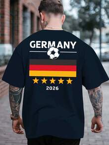 Men's German 2026 Printed T-Shirt - Loose Fit, Short Sleeve With Football And Flag Design, Breathable Crew Neck, Casual Summer Sportswear, Football Fan Clothing, Flag Print Clothing, Comfortable Fit, Plus Sizes - 寶藍色 - 查看 1